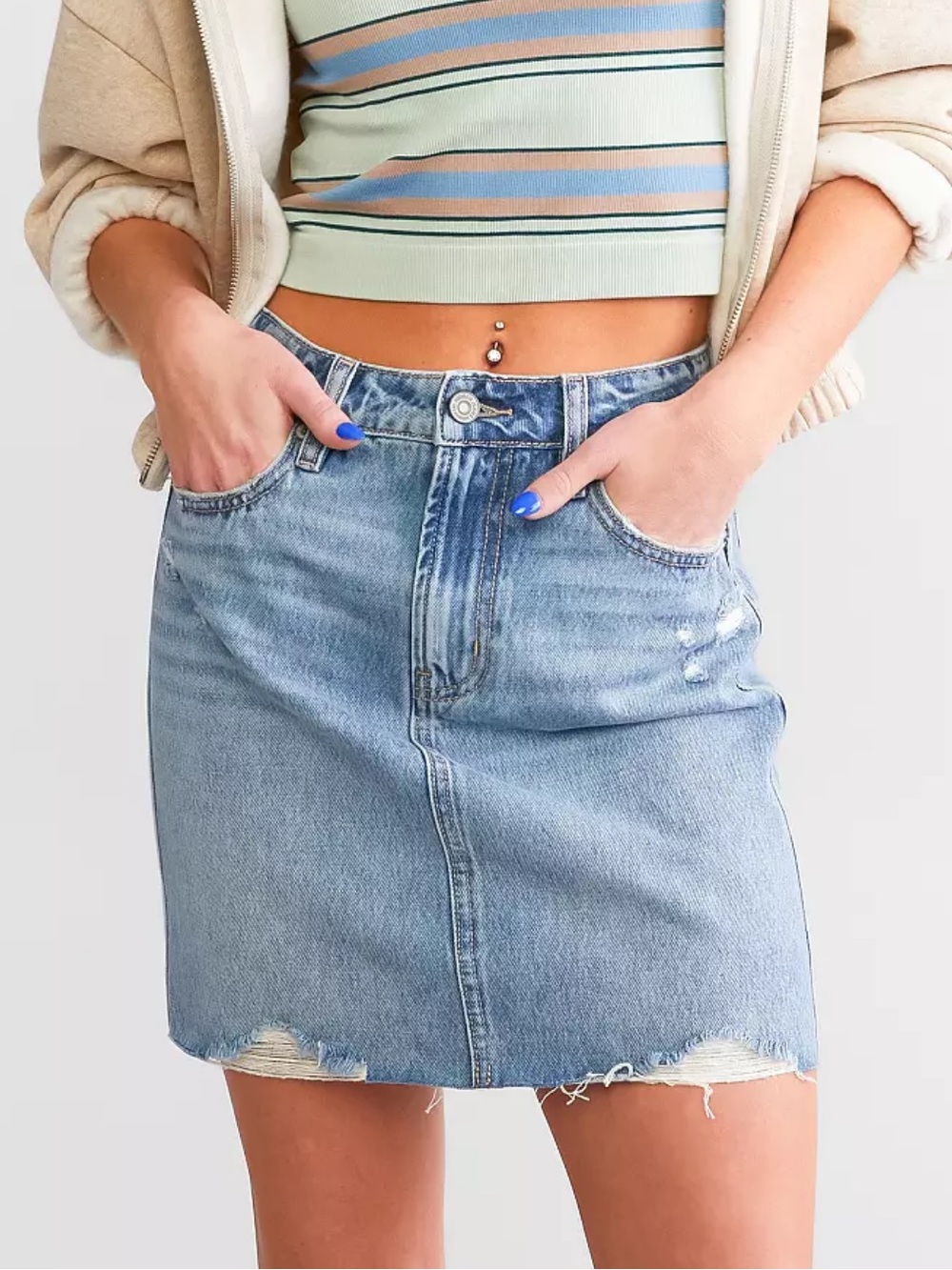 Hidden Jeans Denim Mini Skirt XS High Rise Light Wash Distressed Raw Hem 💛